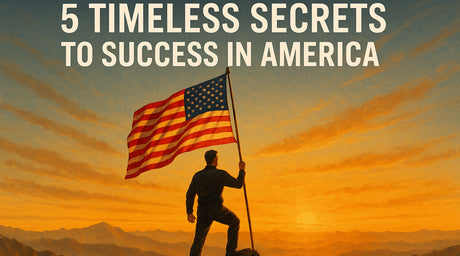 Man standing triumphantly on a mountain peak at sunrise holding the American flag, symbolizing perseverance, success, and the American dream — inspired by Napoleon Hill’s principles