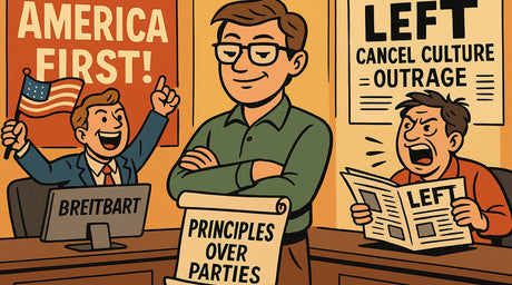 Principled Libertarian stands in the middle looking content while American First conservatives from breitbart cheer and left-wing publicans like CNN are angry.