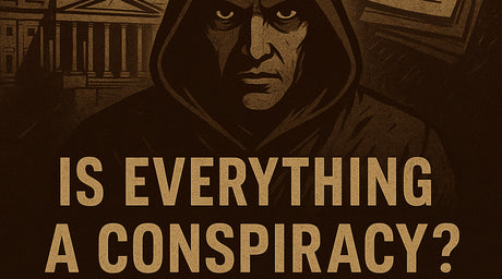 illustration featuring a hooded figure with intense eyes, the U.S. Capitol in the background, an all-seeing eye in a triangle above, and the words “Is Everything a Conspiracy?” conveying a dark, mysterious theme about government secrecy and paranoia.