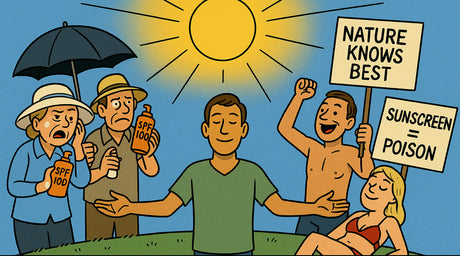 Man in the center is following good, balanced evidence while those on the left are demanding sunscreen and full hiding from the sun. The right is people sun bathing, saying suncreen is poison.