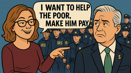 A smug liberal woman points at a wealthy man while saying, 'I want to help the poor, make him pay,' in a single speech bubble. Behind them stands a swarm of IRS agents and police officers, emphasizing government enforcement