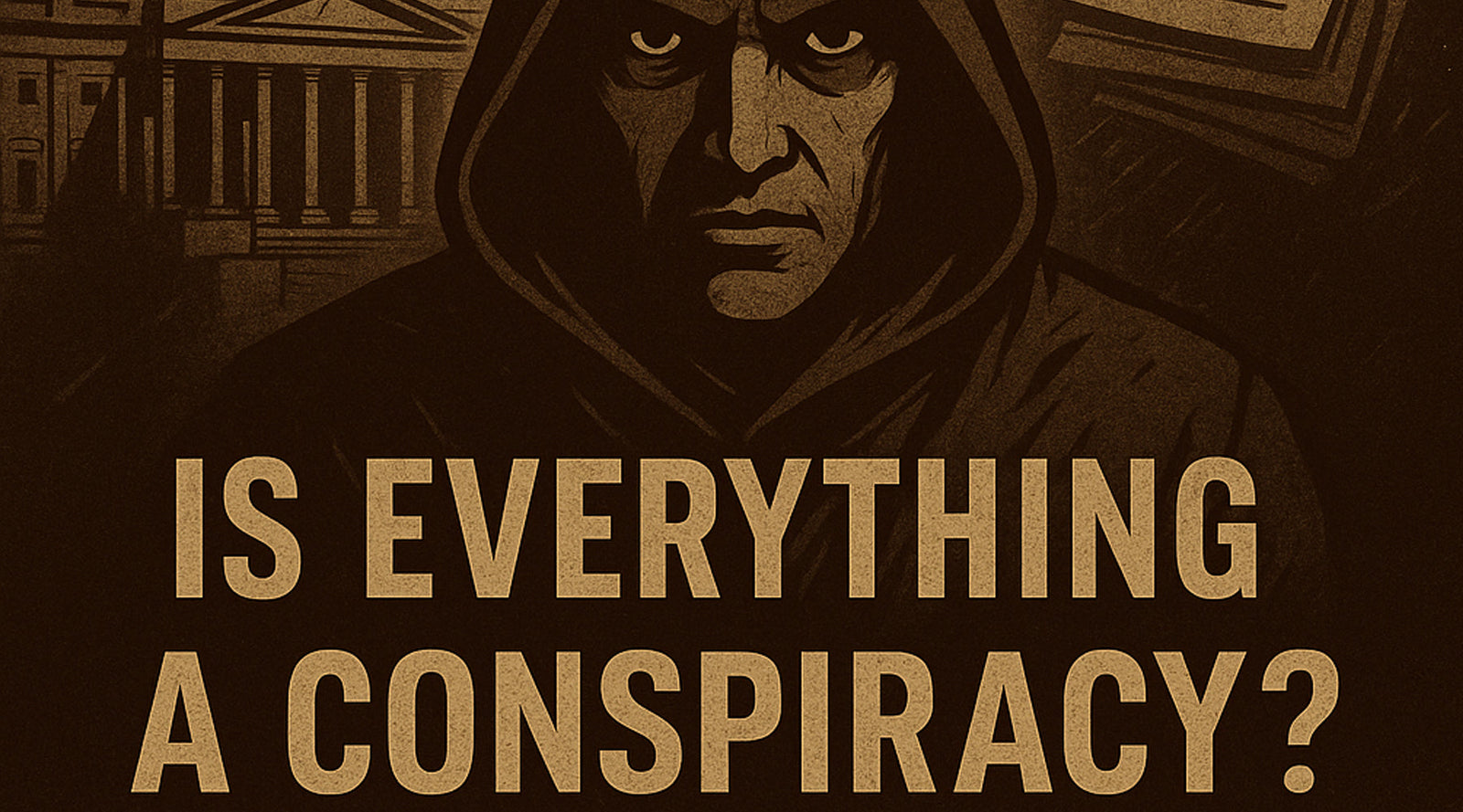 illustration featuring a hooded figure with intense eyes, the U.S. Capitol in the background, an all-seeing eye in a triangle above, and the words “Is Everything a Conspiracy?” conveying a dark, mysterious theme about government secrecy and paranoia.