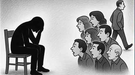 An individual in a chair as the victim of a crime while a crowd of people ask them questions insinuating they had it coming while the perp walks away. Symbolizing victim blaming. 