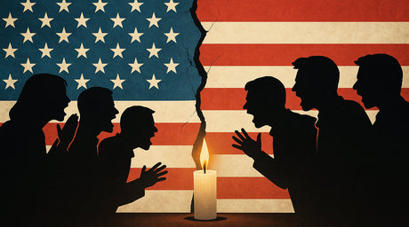 Illustration of divided Americans shouting across a torn flag with a candle symbolizing mourning after Charlie Kirk’s assassination.